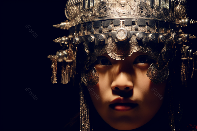 黑色背景灯光下穿戴银饰的苗寨少女,高清,摄影图,摄影图片,图片大全,摄影图免费下载